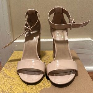 Patent pale pink/tan buckled heels